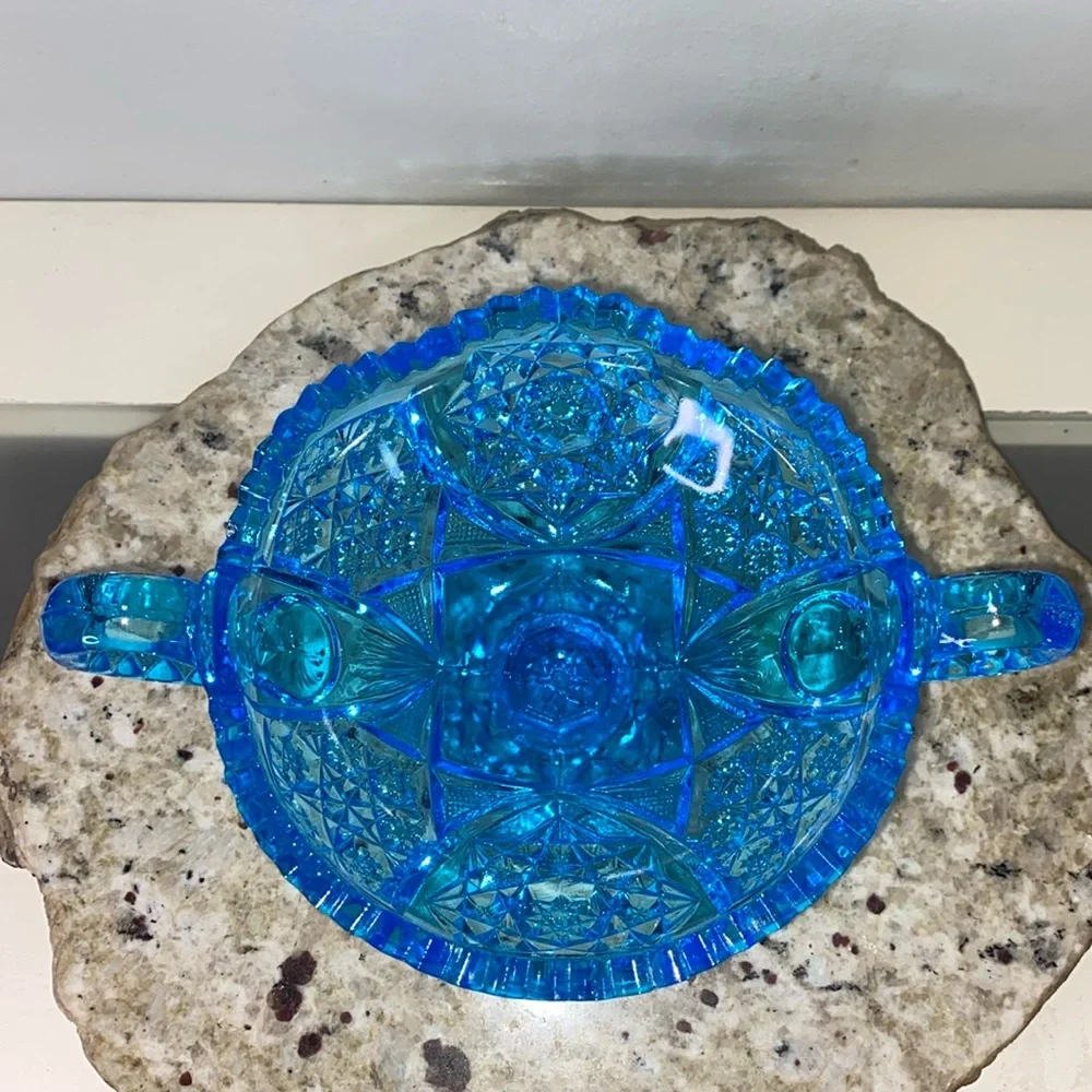 Vintage 1970s Kemple Wheaton Blue Glass Star Sawtooth Edge Handled Pedestal Bowl